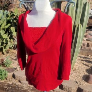 Red Cowl Neck Sweater With Lace Peekaboo